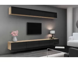 Гостиная Лия 3 - Комплект 1 - Сонома / Чёрный глянец (Рикко)