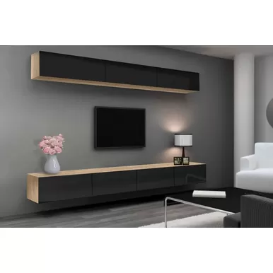 Гостиная Лия 3 - Комплект 1 - Сонома / Чёрный глянец (Рикко)