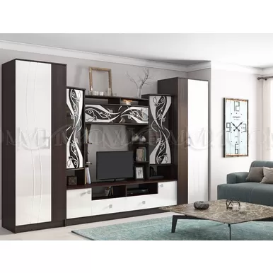 Гостиная Женева ПВХ (ЦС/Шкафы) - Белый глянец/Венге (МИФ)