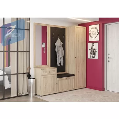 Прихожая Оскар - Комплект 3 - Дуб Сонома светлый/Кожзам Черно-коричневый (МК Стиль)