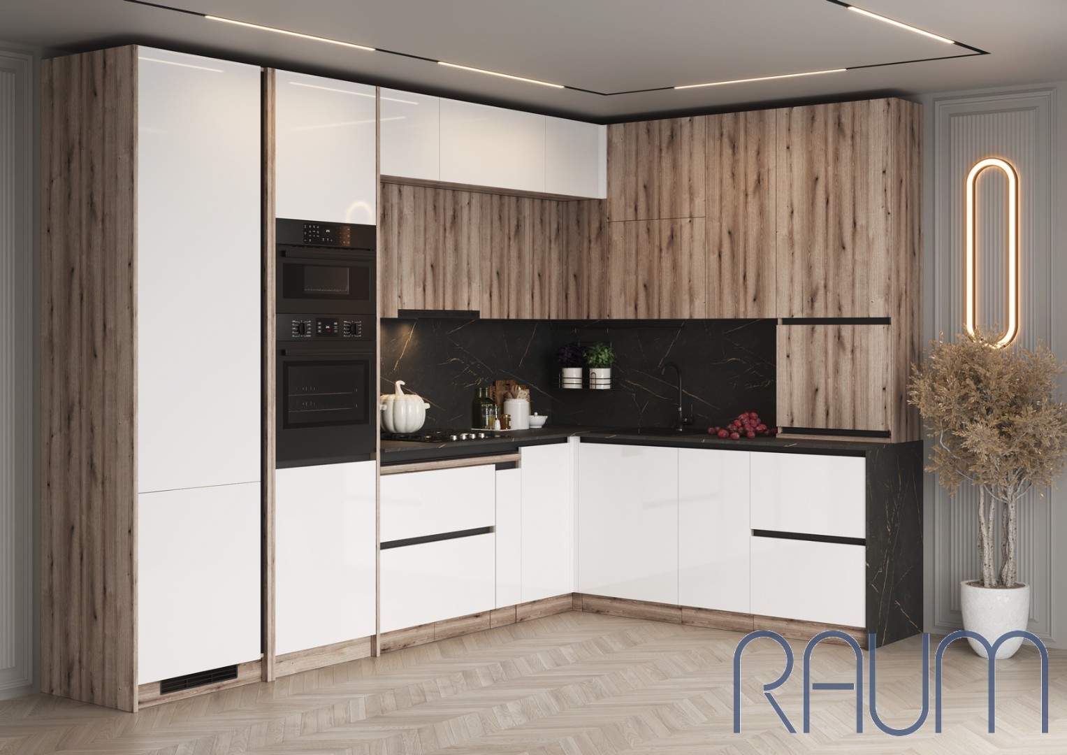 Купить Кухня угловая Raum 3.345х2.0м AGT/ЛДСП - Белый глянец/Дуб Эвок ...