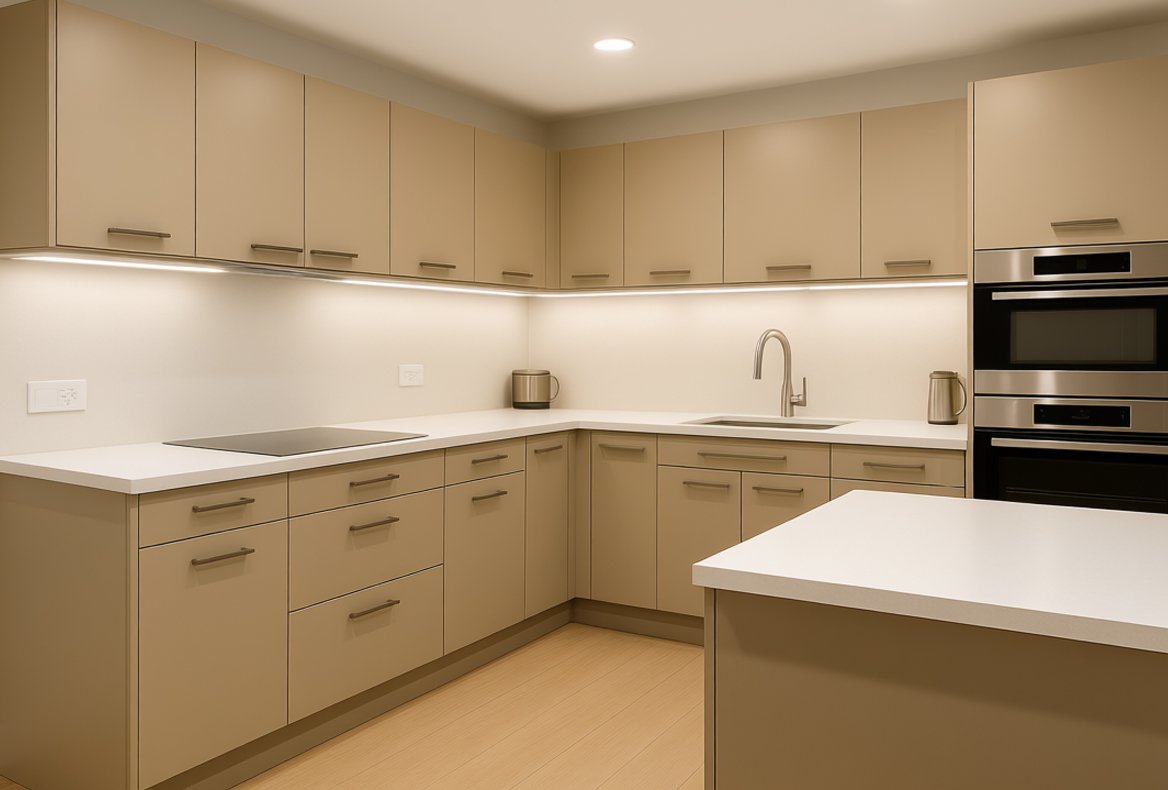 сочетание бежевых цветов фасадов для кухни