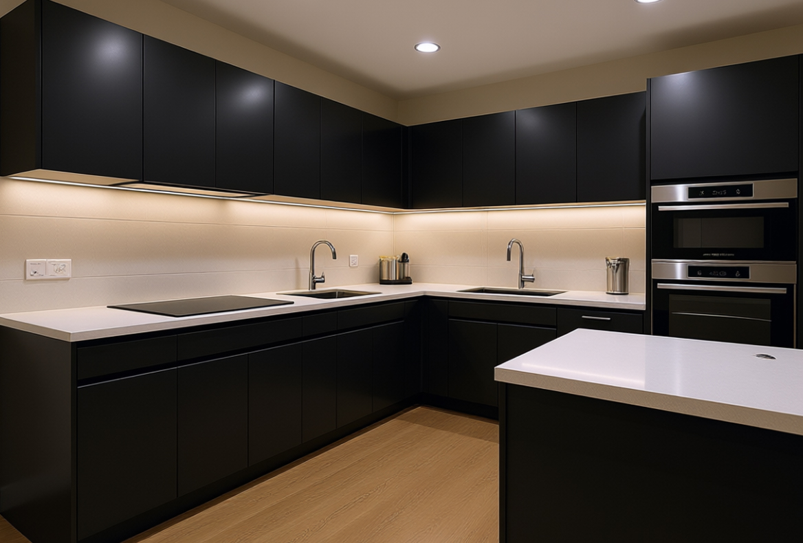 сочетание черного цвета фасада кухни