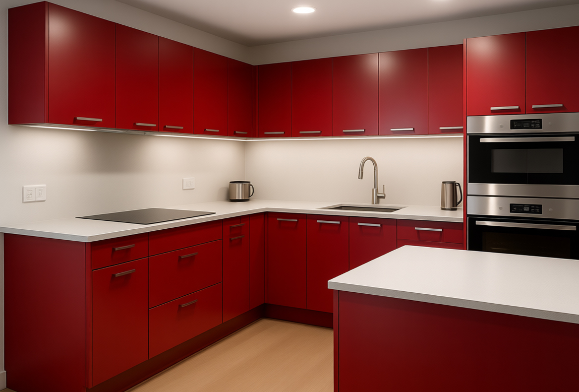 сочетание красного фасада для кухни