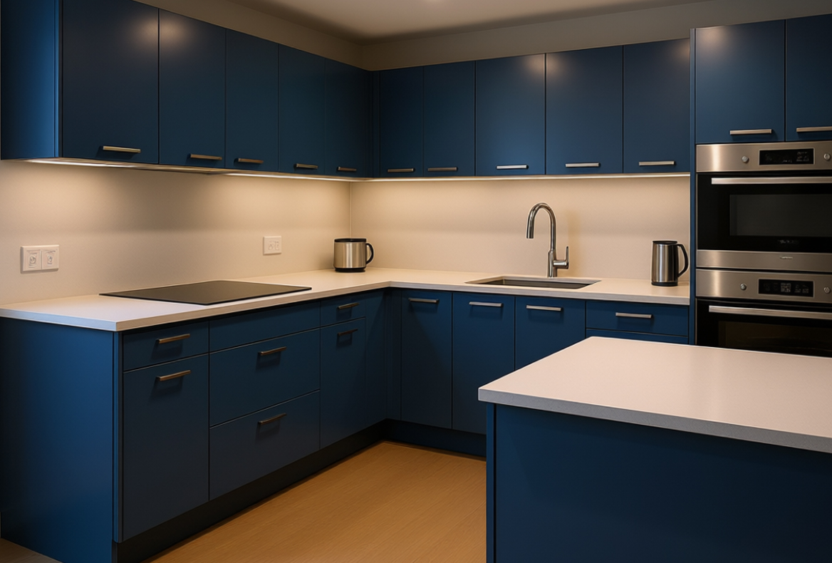 сочетание синего фасада кухни